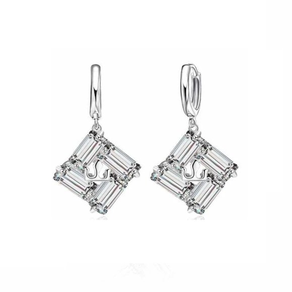 925 Sterling Silver Necklace And Earrings Set Square Drop Hoop - Picture 2 of 4